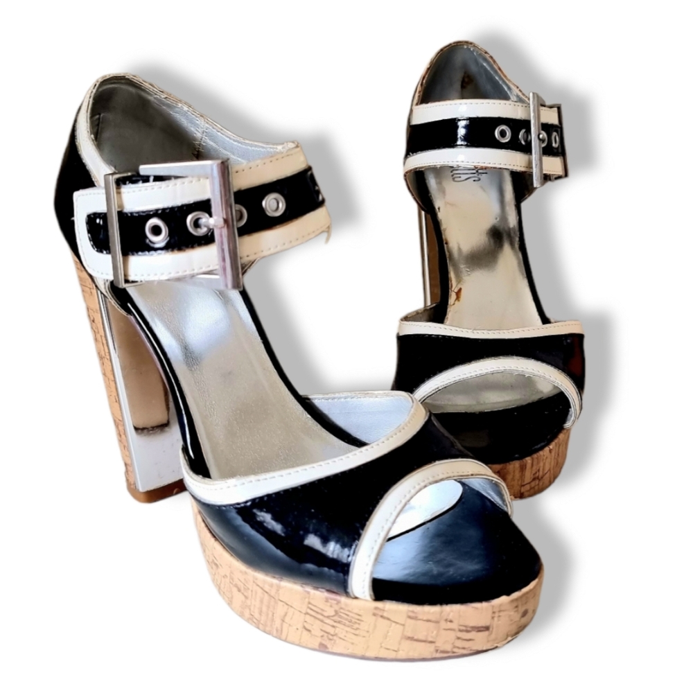 Vintage 2000's Y2k, Betts, "Dalmation" black and white, cork platform block heel - Picture 5 of 6